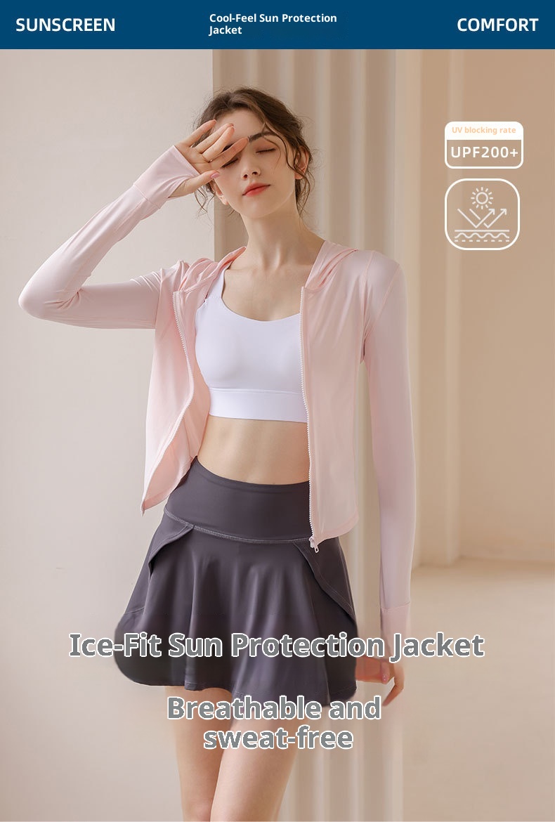 Giacca da yoga con cappuccio e protezione solare ActiveGo Slim Fit da donna, traspirante, in nylon e seta ghiacciata, con protezione UV_voghion.com