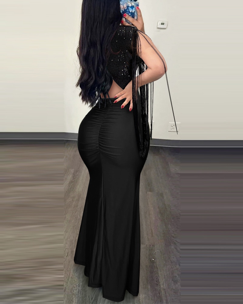 Robe de soirée GraceChic, luxueuse robe moulante à sequins pour femme, style européen, design haut de gamme, franges et fente._voghion.com