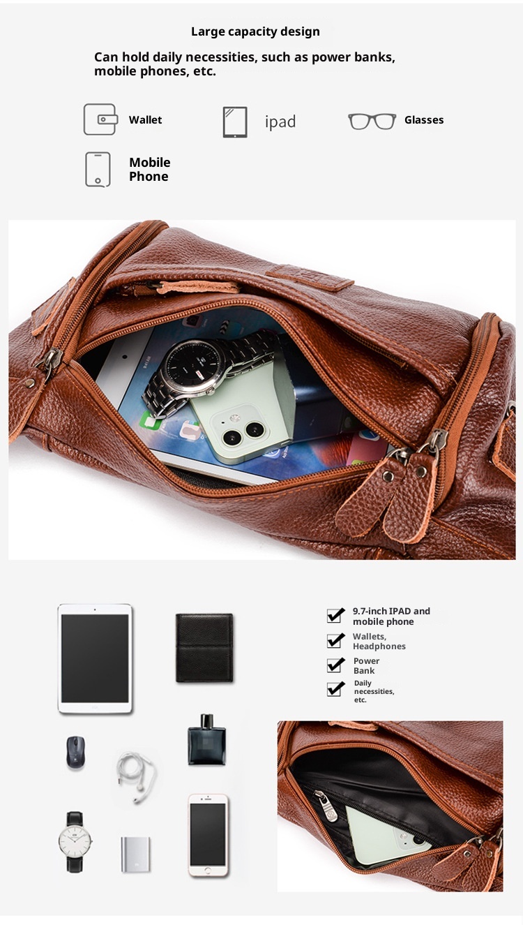 001 HANHOO Fashion Genuine Leather Waist Outdoor Casual Multi-Functional Crossbody Chest Large Capacity Top Layer Cowhide_voghion.com