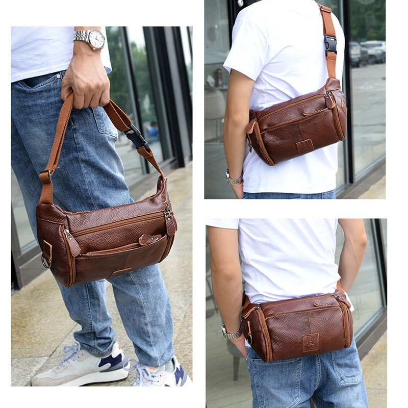 001 HANHOO Fashion Genuine Leather Waist Outdoor Casual Multi-Functional Crossbody Chest Large Capacity Top Layer Cowhide_voghion.com