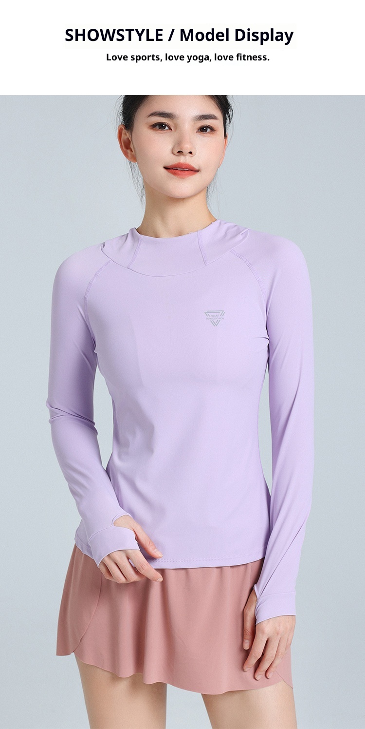 ActiveGo Yoga Fitness Abbigliamento da donna Felpa con cappuccio a maniche lunghe, ad asciugatura rapida, traspirante, sottile, protezione solare, sport all'aria aperta, elastico alto_voghion.com