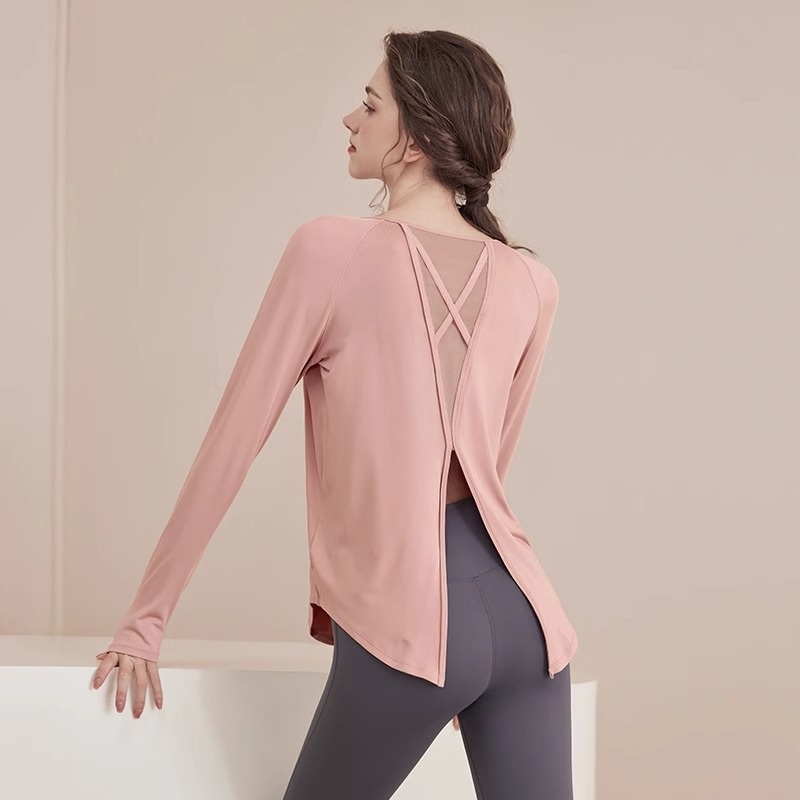 Haut de yoga ActiveGo pour femme, vêtement de sport ample et amincissant pour l'automne, idéal pour le fitness et la salle de sport. Manches longues en maille._voghion.com