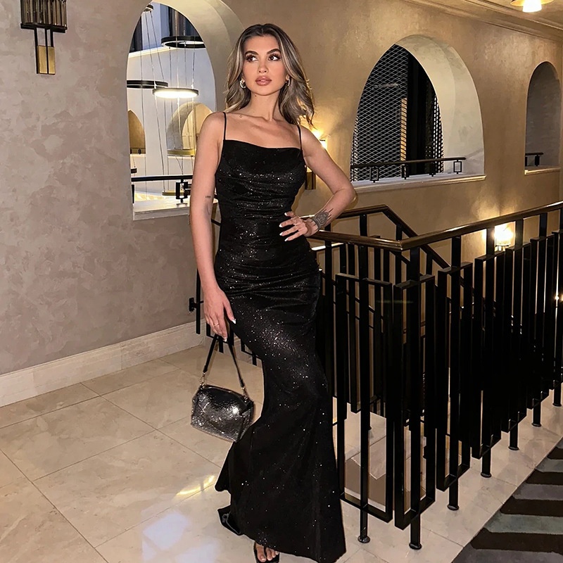 GraceChic GraceChic YJ23569 Herbst Neues sexy heißes figurbetontes langes Kleid im europäischen und amerikanischen Stil mit Spaghettiträgern und Glanz – Damenbekleidung_voghion.com