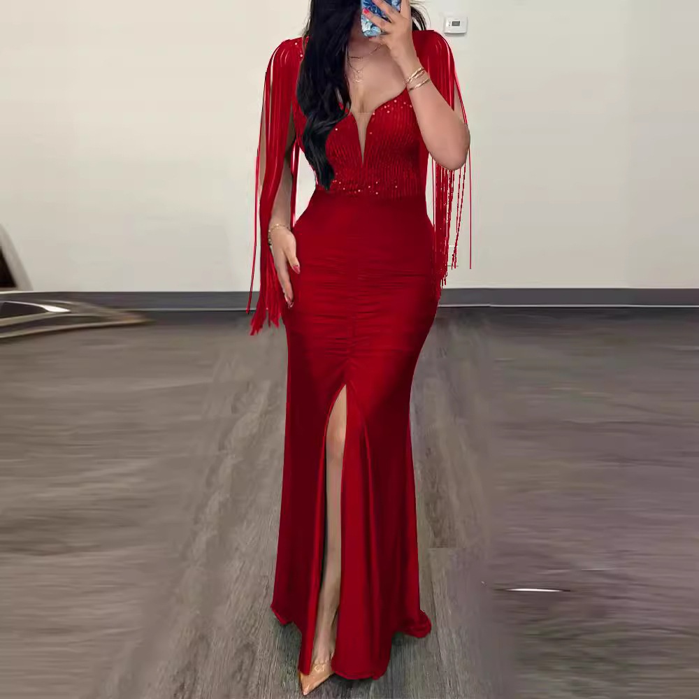 Robe de soirée GraceChic, luxueuse robe moulante à sequins pour femme, style européen, design haut de gamme, franges et fente._voghion.com