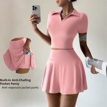 ActiveGo Summer Sports Outdoor Two-Piece Yoga Outfit Women With Pocket Short Skirt Set For Golf And Tennis_voghion.com