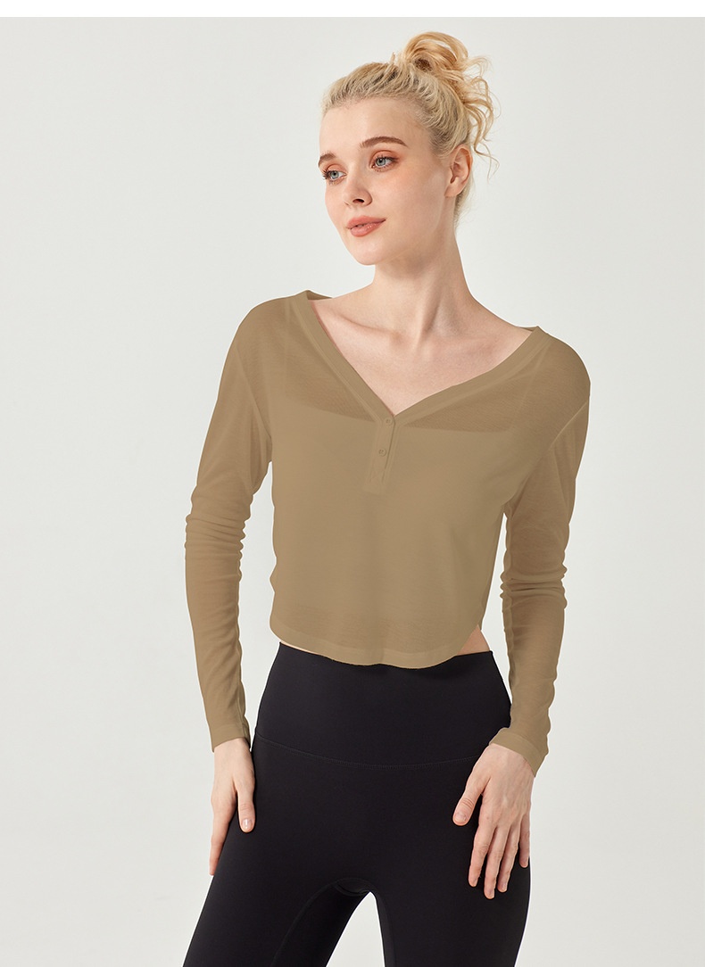 Camiseta de yoga ActiveGo con cuello en V, manga larga, corta, fina, transpirable, holgada, para fitness, de secado rápido._voghion.com