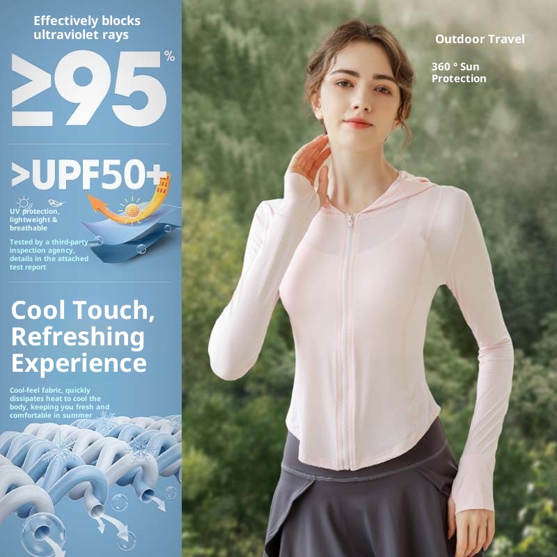 Giacca da yoga con cappuccio e protezione solare ActiveGo Slim Fit da donna, traspirante, in nylon e seta ghiacciata, con protezione UV_voghion.com