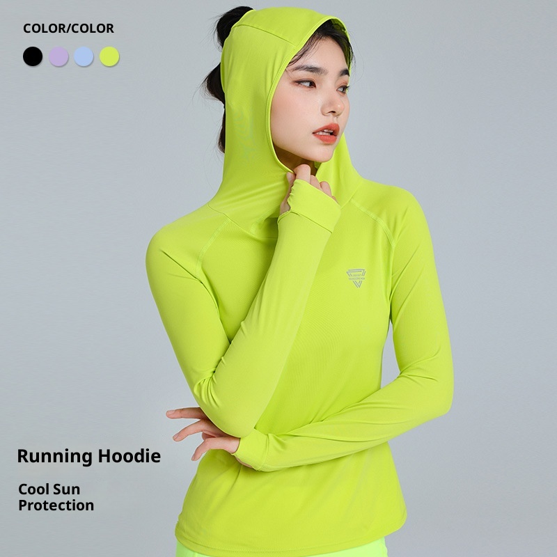 ActiveGo Yoga Fitness Abbigliamento da donna Felpa con cappuccio a maniche lunghe, ad asciugatura rapida, traspirante, sottile, protezione solare, sport all'aria aperta, elastico alto_voghion.com