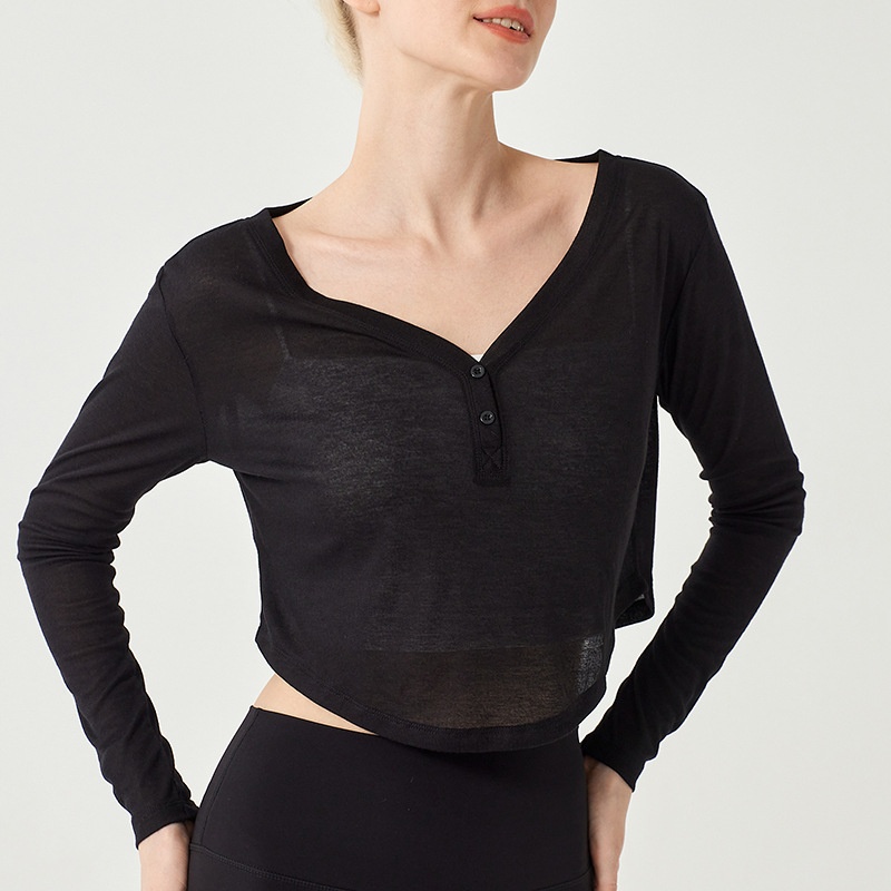 Camiseta de yoga ActiveGo con cuello en V, manga larga, corta, fina, transpirable, holgada, para fitness, de secado rápido._voghion.com