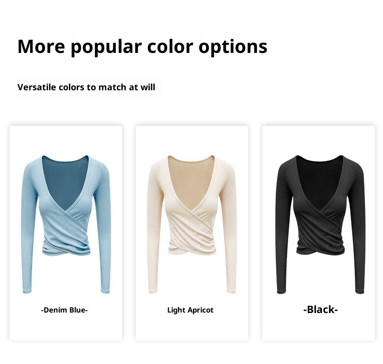 ActiveGo - Top estivo da donna con scollo a V arricciato, abbigliamento sportivo da fitness, per attività all'aperto, pilates, manica lunga_voghion.com