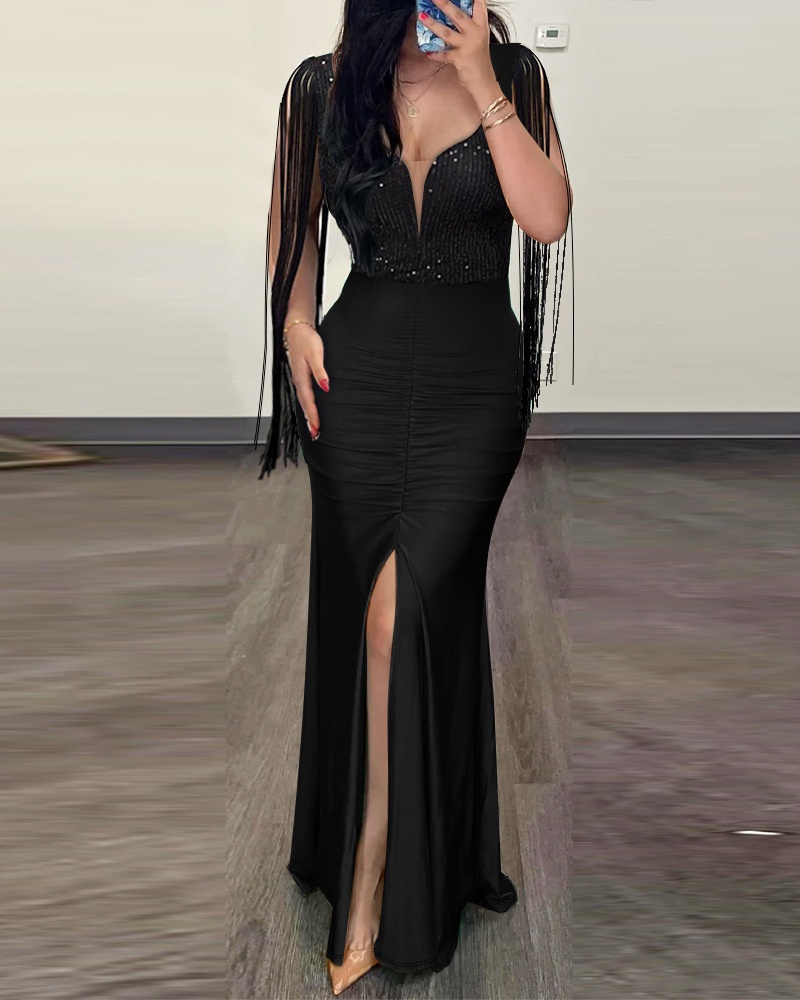 Robe de soirée GraceChic, luxueuse robe moulante à sequins pour femme, style européen, design haut de gamme, franges et fente._voghion.com