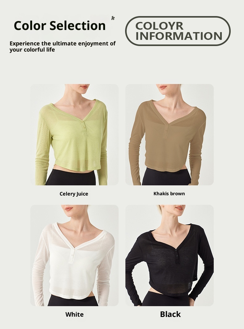 Camiseta de yoga ActiveGo con cuello en V, manga larga, corta, fina, transpirable, holgada, para fitness, de secado rápido._voghion.com