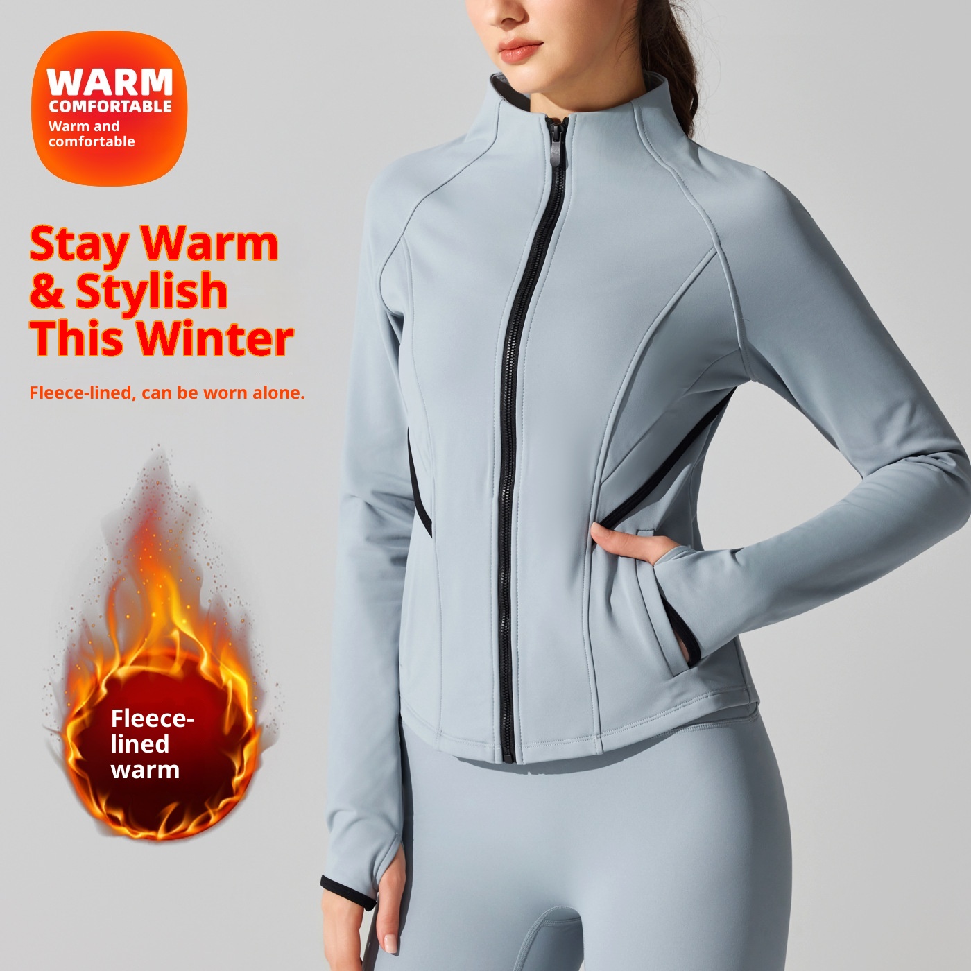 ActiveGo ActiveGo Fleece Warme Yogajacke Herbst Winter Outdoor Laufen Fitness Top Sport Cardigan Stehkragen Reißverschluss Langarm Damen_voghion.com