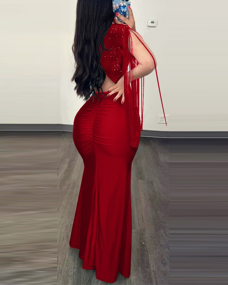 Robe de soirée GraceChic, luxueuse robe moulante à sequins pour femme, style européen, design haut de gamme, franges et fente._voghion.com