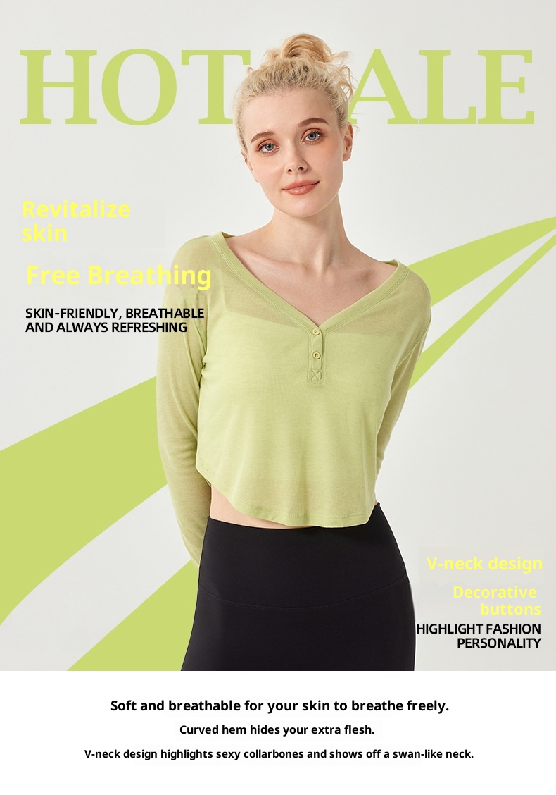 Camiseta de yoga ActiveGo con cuello en V, manga larga, corta, fina, transpirable, holgada, para fitness, de secado rápido._voghion.com