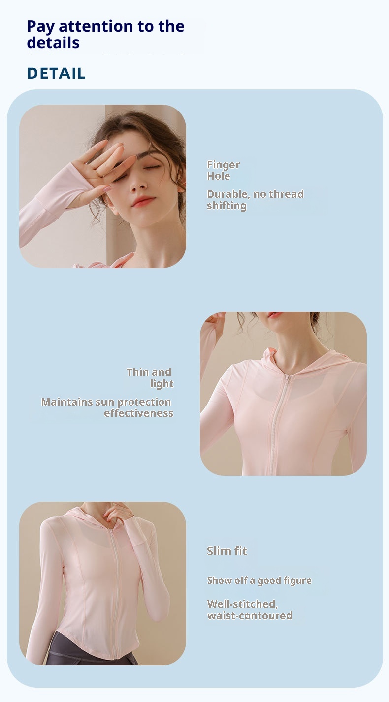 Giacca da yoga con cappuccio e protezione solare ActiveGo Slim Fit da donna, traspirante, in nylon e seta ghiacciata, con protezione UV_voghion.com