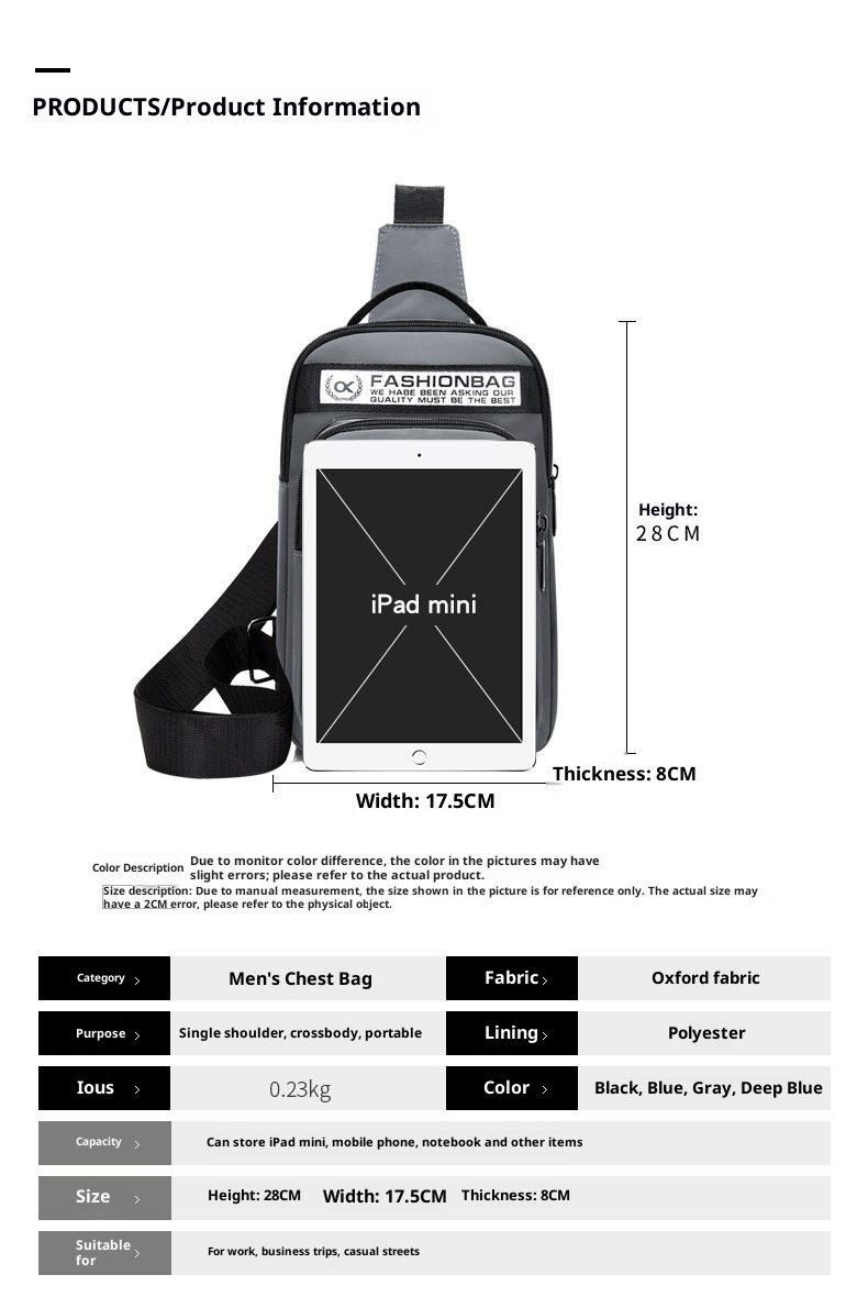 001 Oxford Stoff-Brusttasche, neue lässige Sport-Mehrzwecktasche für Damen und Herren, koreanische Version, große Kapazität, Umhängetasche_voghion.com