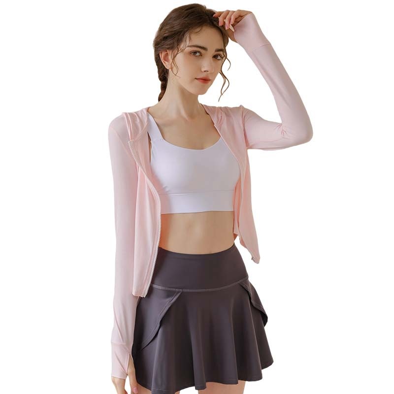Giacca da yoga con cappuccio e protezione solare ActiveGo Slim Fit da donna, traspirante, in nylon e seta ghiacciata, con protezione UV_voghion.com