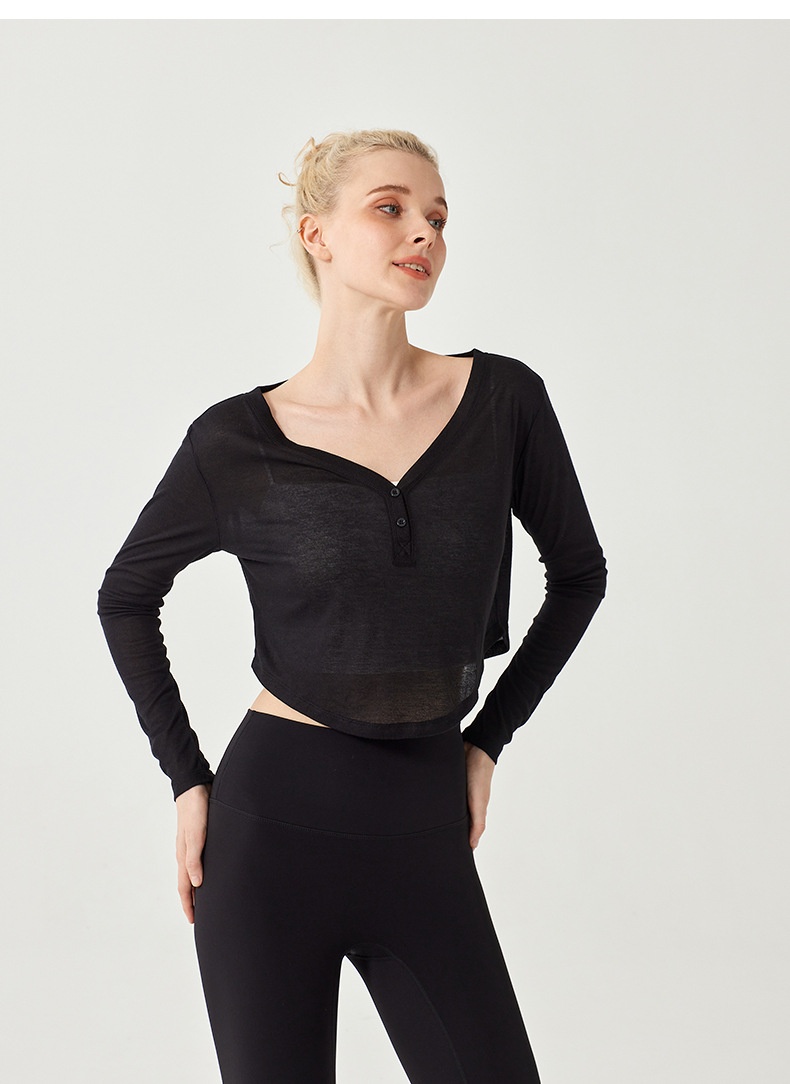 Camiseta de yoga ActiveGo con cuello en V, manga larga, corta, fina, transpirable, holgada, para fitness, de secado rápido._voghion.com