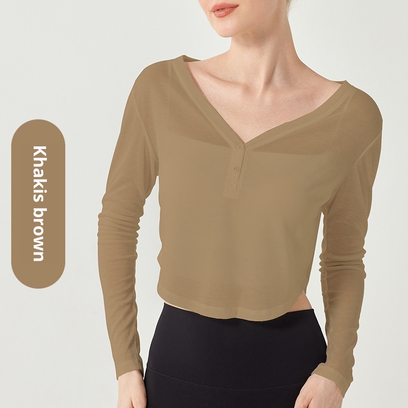 Camiseta de yoga ActiveGo con cuello en V, manga larga, corta, fina, transpirable, holgada, para fitness, de secado rápido._voghion.com