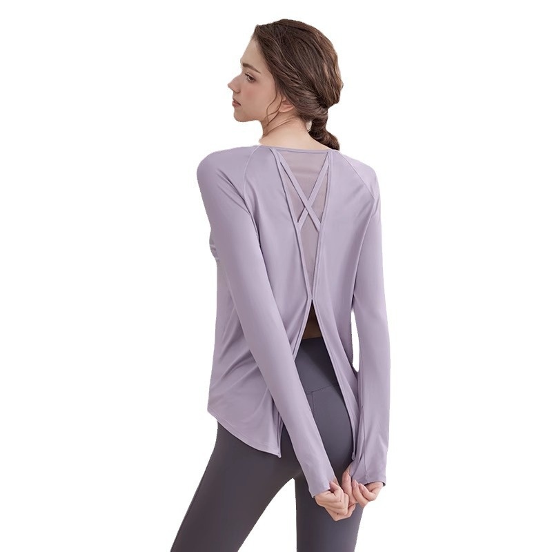 Haut de yoga ActiveGo pour femme, vêtement de sport ample et amincissant pour l'automne, idéal pour le fitness et la salle de sport. Manches longues en maille._voghion.com