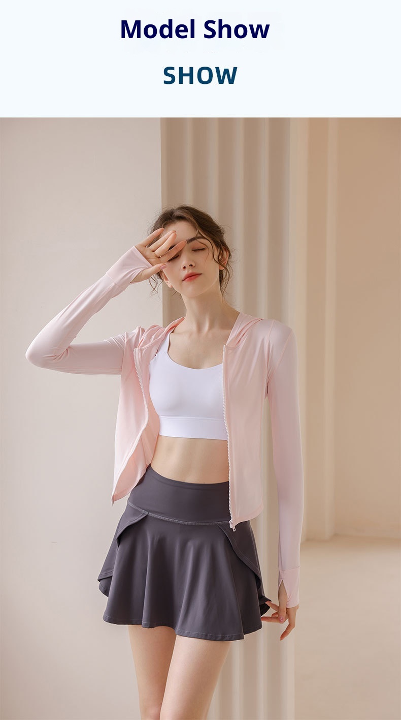 Giacca da yoga con cappuccio e protezione solare ActiveGo Slim Fit da donna, traspirante, in nylon e seta ghiacciata, con protezione UV_voghion.com