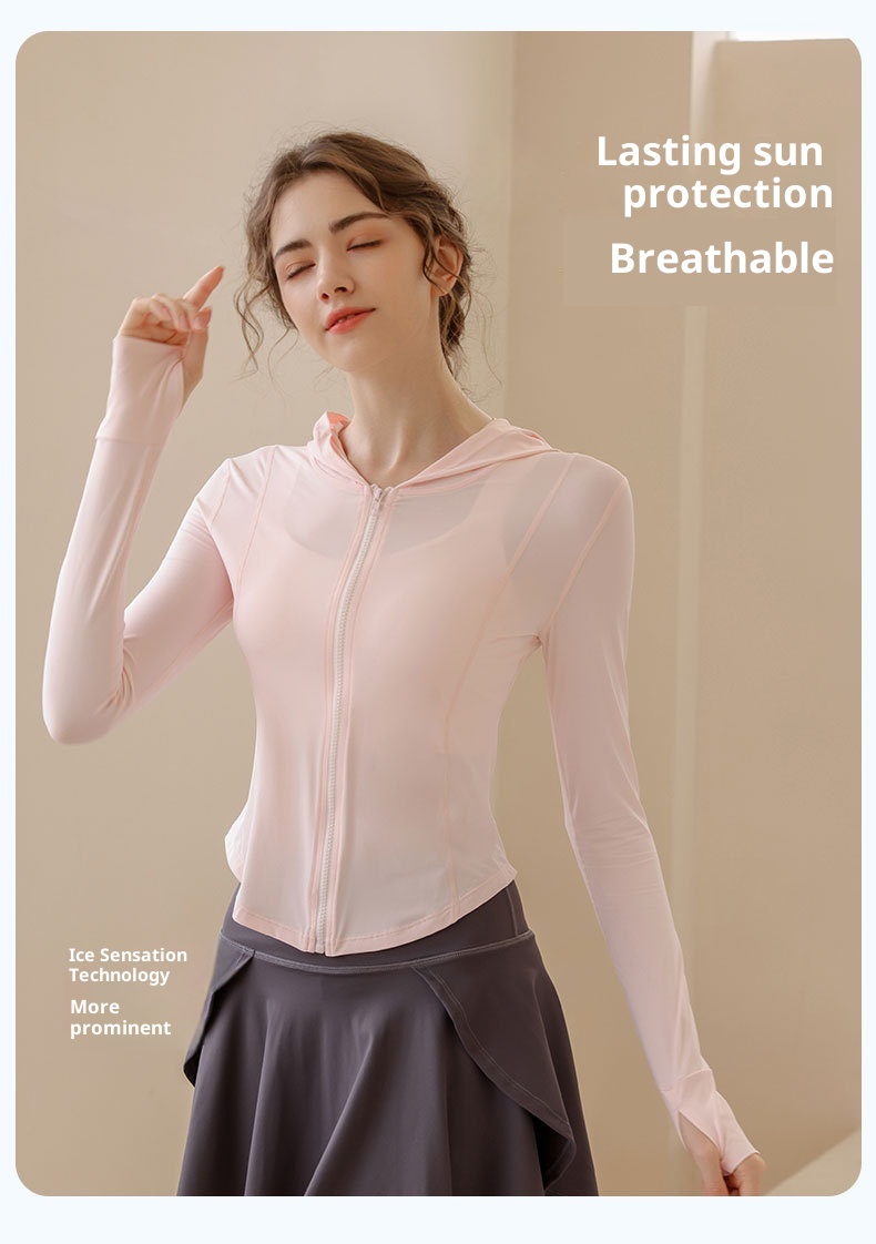 Giacca da yoga con cappuccio e protezione solare ActiveGo Slim Fit da donna, traspirante, in nylon e seta ghiacciata, con protezione UV_voghion.com