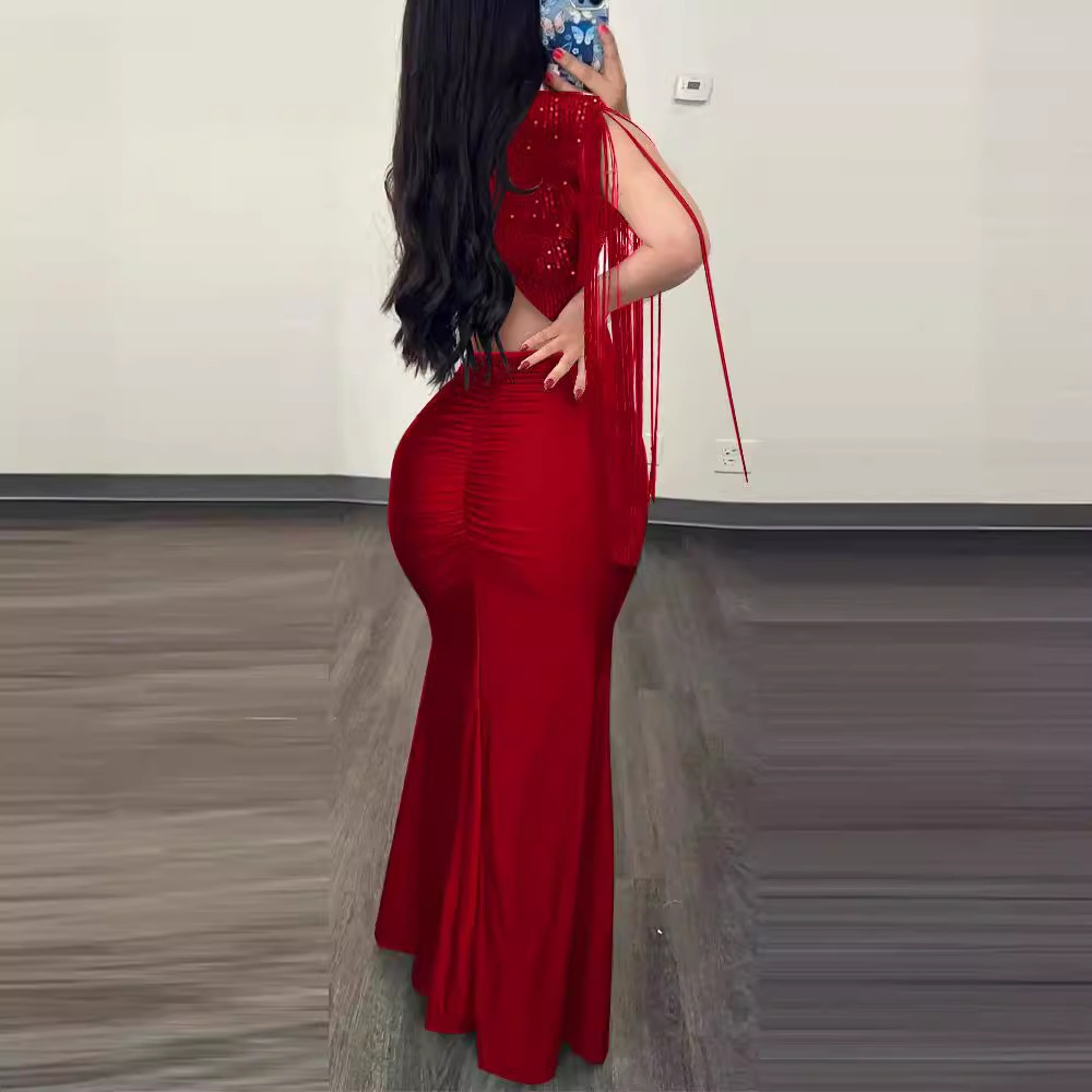 Robe de soirée GraceChic, luxueuse robe moulante à sequins pour femme, style européen, design haut de gamme, franges et fente._voghion.com