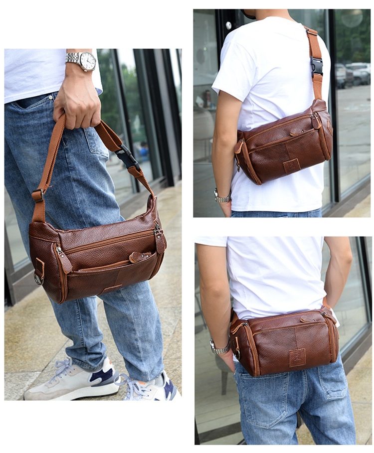 001 HANHOO Fashion Genuine Leather Waist Outdoor Casual Multi-Functional Crossbody Chest Large Capacity Top Layer Cowhide_voghion.com