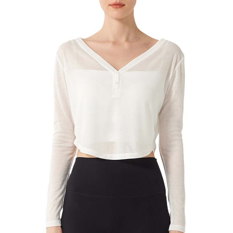 Camiseta de yoga ActiveGo con cuello en V, manga larga, corta, fina, transpirable, holgada, para fitness, de secado rápido._voghion.com