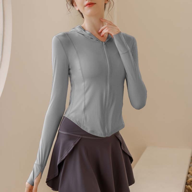 Giacca da yoga con cappuccio e protezione solare ActiveGo Slim Fit da donna, traspirante, in nylon e seta ghiacciata, con protezione UV_voghion.com