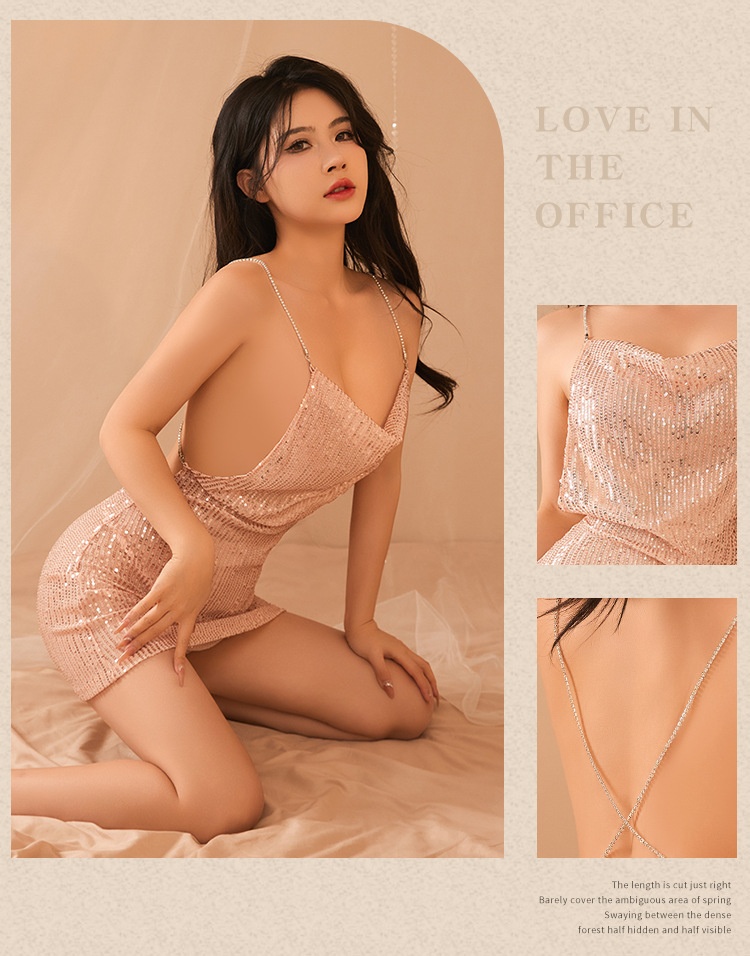 Robe de nuit sexy LuvBox Lingerie à sequins brillants, moulante, courte, dos nu, décolleté plongeant._voghion.com