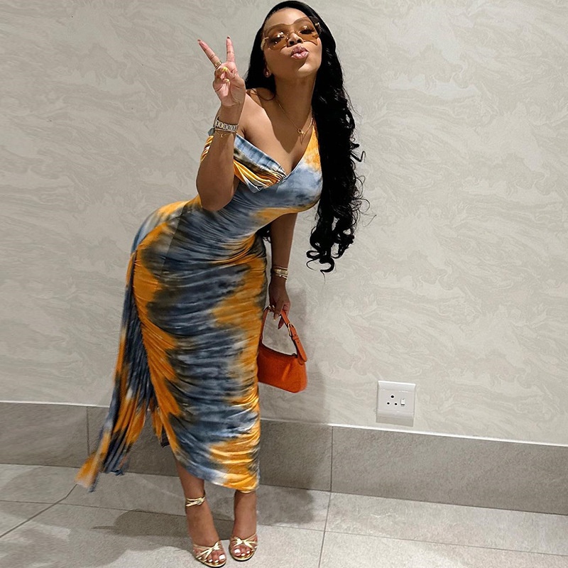 GraceChic GraceChic European And American Style Asymmetrical Neck Slim Fit Midi Bodycon Printed Pullover Women High Waist Slimming Dress_voghion.com