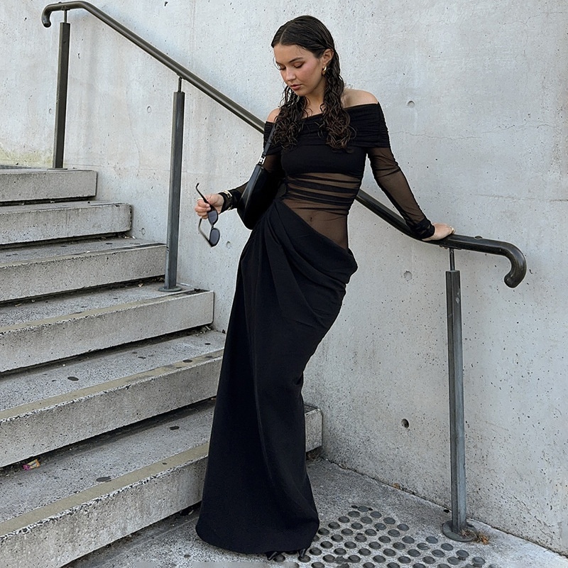 GraceChic Printemps Été Style Européen et Américain Élégante Robe à épaules dénudées Sexy en résille transparente mettant en valeur la taille et la personnalité asymétrique_voghion.com