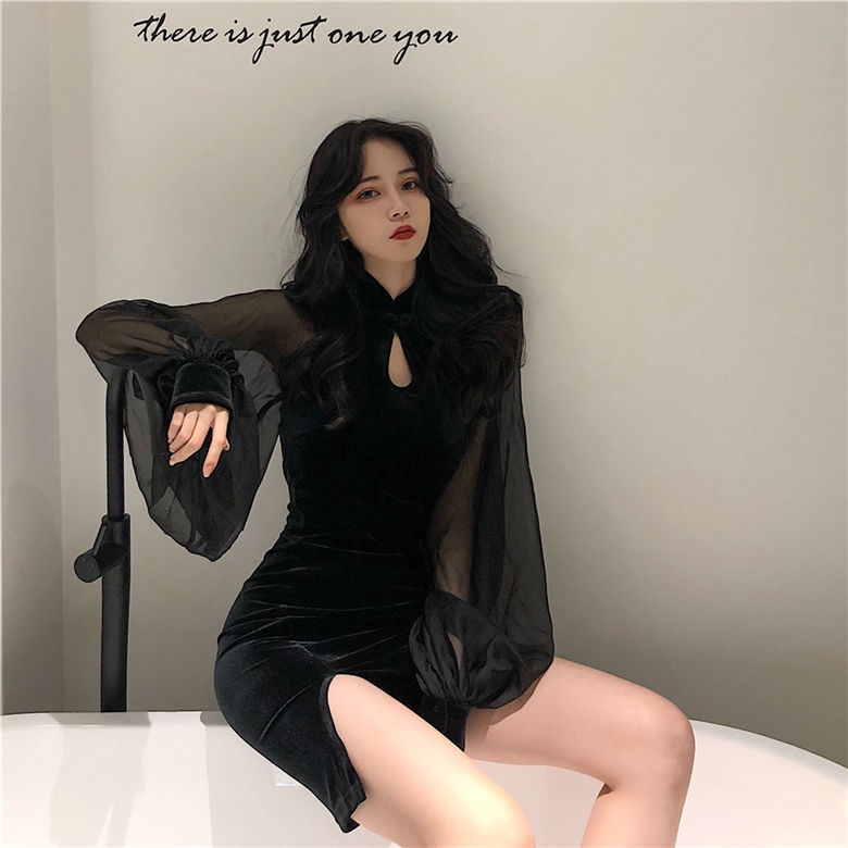 GraceChic GraceChic Slimming Cheongsam Autumn Winter New Stand Collar Lantern Sleeve High Waist Skirt Slit Bodycon Chiffon Velvet Patchwork_voghion.com