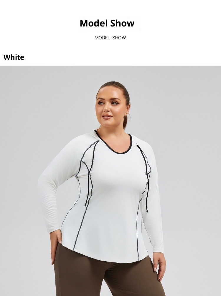 Camiseta de yoga con capucha ActiveGo Plus Size transpirable con bloques de color, de secado rápido, ideal para fitness al aire libre y para mujer._voghion.com