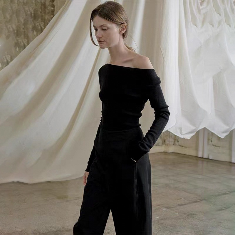 GraceChic GraceChic GraceChic Women's Wool Knit Sweater Blended Autumn Winter New Drop Shoulder Off-Shoulder Asymmetric Design Waist-Cinching Slim Fit_voghion.com