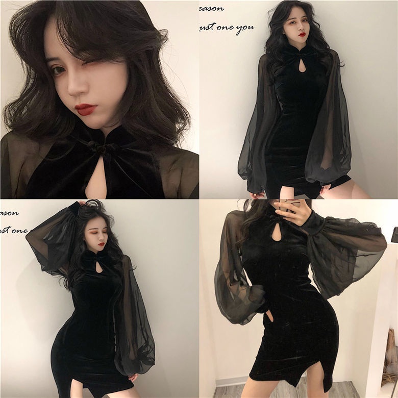 GraceChic GraceChic Slimming Cheongsam Autumn Winter New Stand Collar Lantern Sleeve High Waist Skirt Slit Bodycon Chiffon Velvet Patchwork_voghion.com