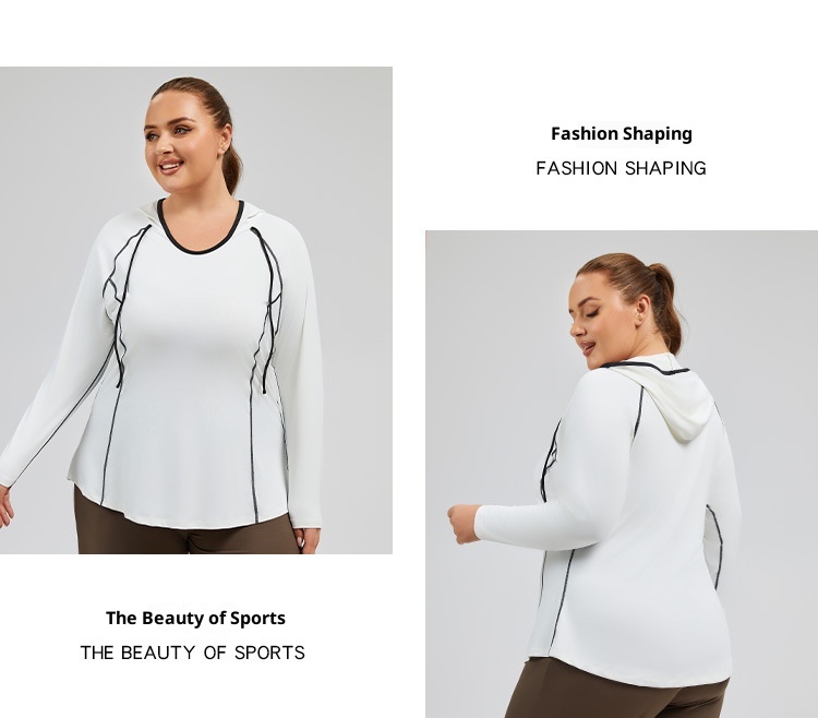 Camiseta de yoga con capucha ActiveGo Plus Size transpirable con bloques de color, de secado rápido, ideal para fitness al aire libre y para mujer._voghion.com