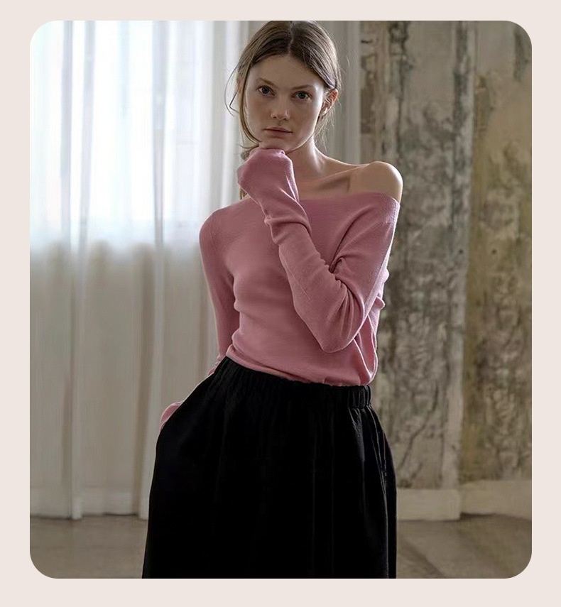 GraceChic GraceChic GraceChic Women's Wool Knit Sweater Blended Autumn Winter New Drop Shoulder Off-Shoulder Asymmetric Design Waist-Cinching Slim Fit_voghion.com