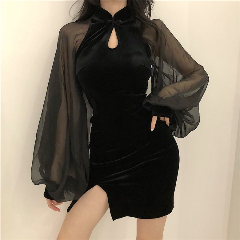 GraceChic GraceChic Slimming Cheongsam Autumn Winter New Stand Collar Lantern Sleeve High Waist Skirt Slit Bodycon Chiffon Velvet Patchwork_voghion.com