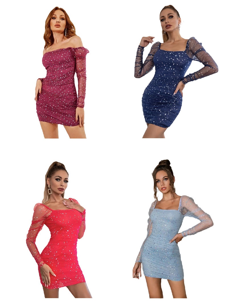 GraceChic GraceChic Cross-Border Nouvelle Mode Femme Col Carré Manches Longues Taille Cintrée Maille Transparente Sexy Paillettes Short Européen Et_voghion.com