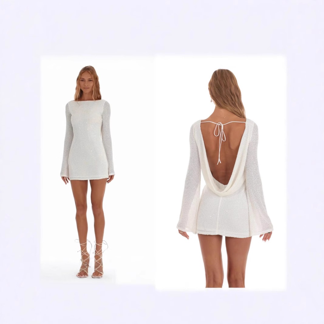 GraceChic Robe courte à sequins en maille transparente, col carré, manches longues et taille cintrée, style européen et américain, pour femme_voghion.com