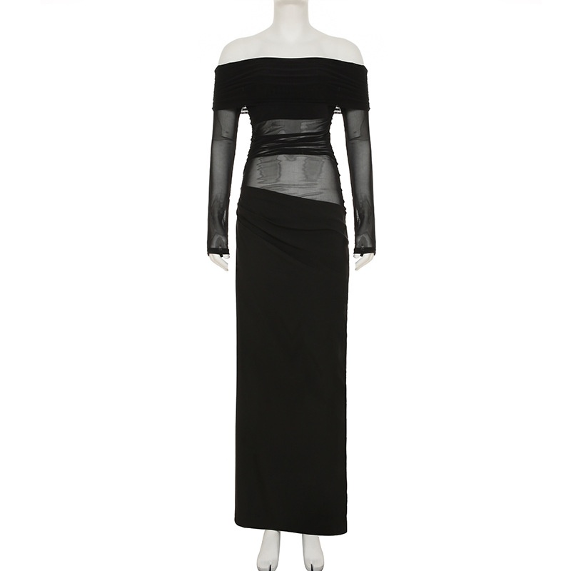 GraceChic Printemps Été Style Européen et Américain Élégante Robe à épaules dénudées Sexy en résille transparente mettant en valeur la taille et la personnalité asymétrique_voghion.com