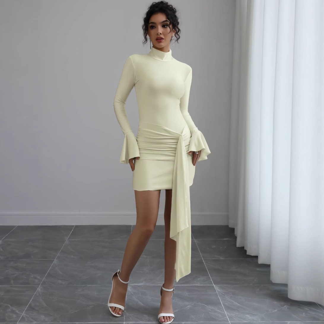 GraceChic GraceChic European And American Style INS Foreign Trade Women's Fashion Solid Color Bodycon Half High Collar Flared Sleeve Sexy_voghion.com