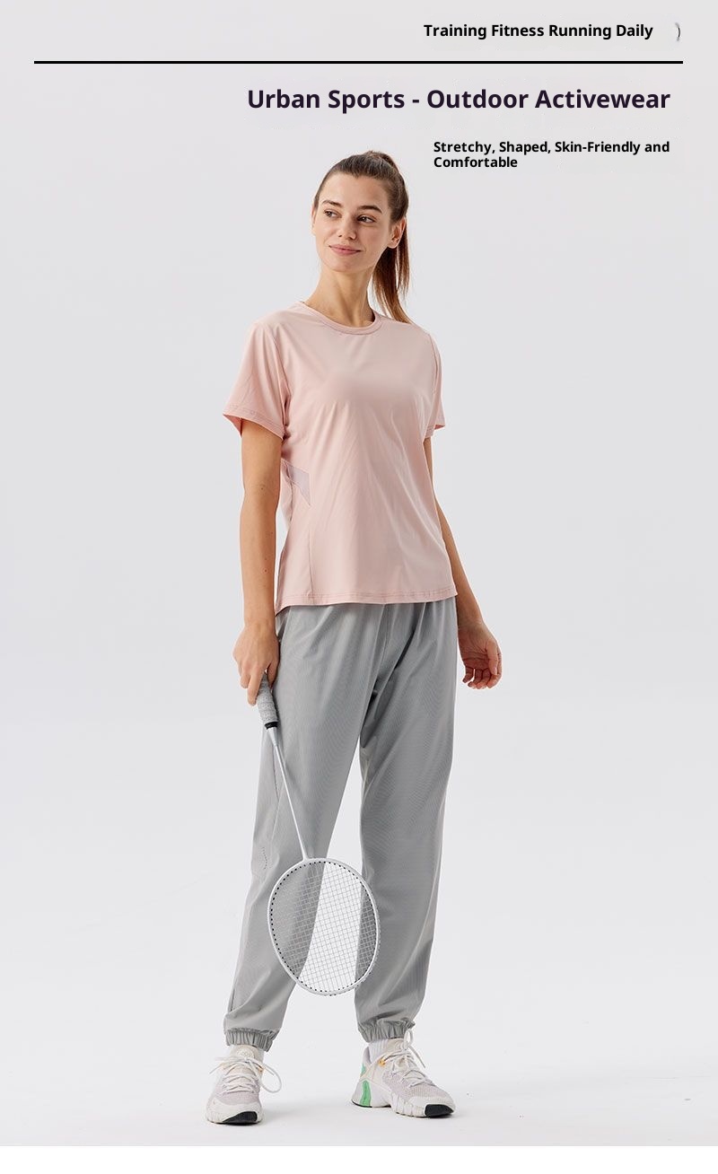 Camiseta deportiva ActiveGo de secado rápido, manga corta, ideal para fitness, fitness, tejido fino de seda de hielo con protección solar, perfecta para yoga al aire libre. Top para mujer._voghion.com