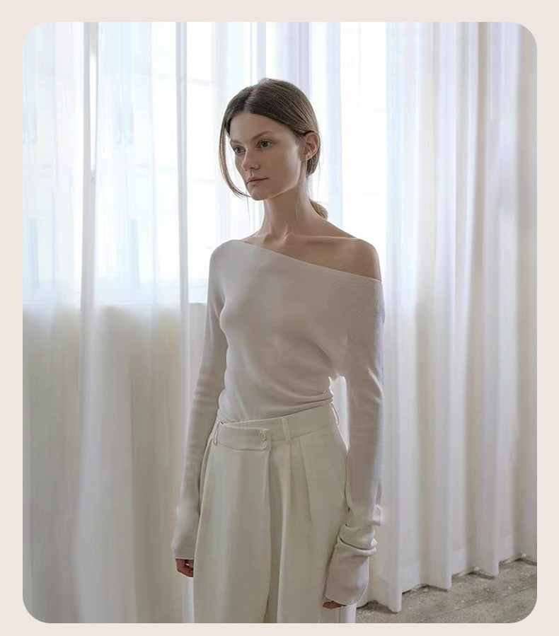 GraceChic GraceChic GraceChic Women's Wool Knit Sweater Blended Autumn Winter New Drop Shoulder Off-Shoulder Asymmetric Design Waist-Cinching Slim Fit_voghion.com