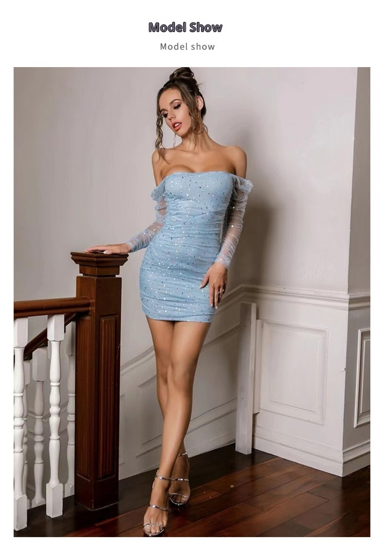 GraceChic GraceChic Cross-Border Nouvelle Mode Femme Col Carré Manches Longues Taille Cintrée Maille Transparente Sexy Paillettes Short Européen Et_voghion.com