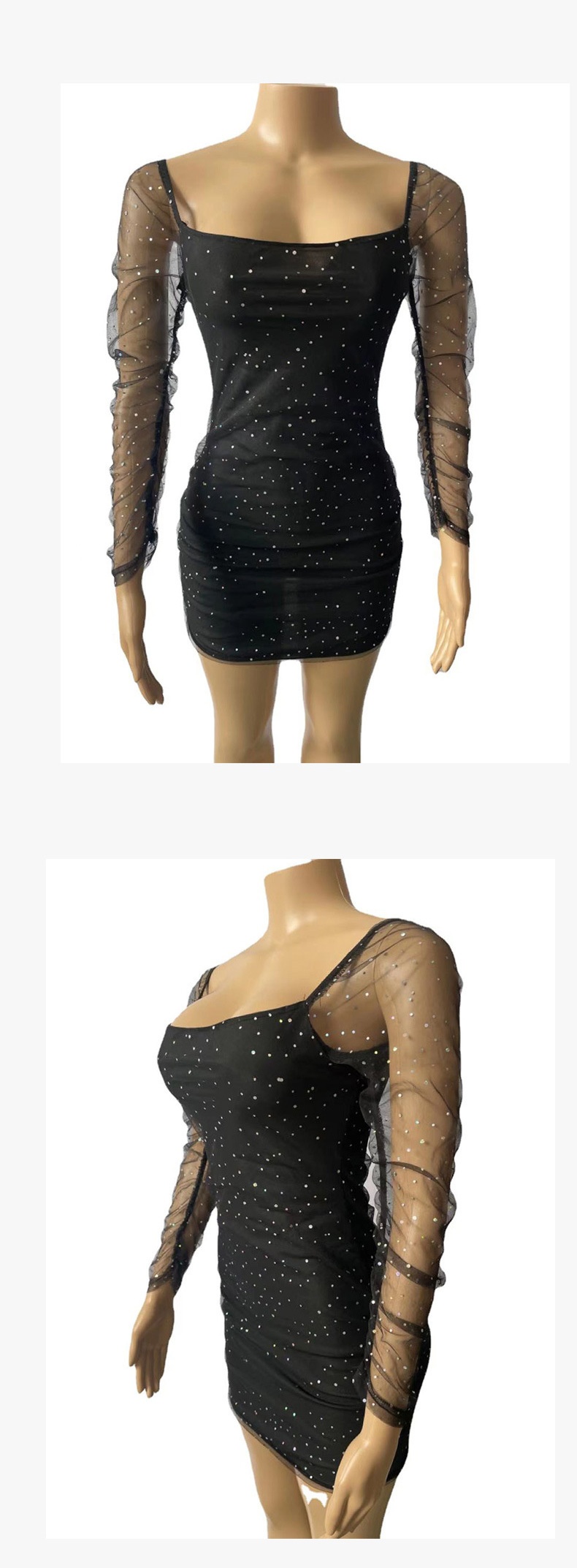 GraceChic GraceChic Cross-Border Nouvelle Mode Femme Col Carré Manches Longues Taille Cintrée Maille Transparente Sexy Paillettes Short Européen Et_voghion.com