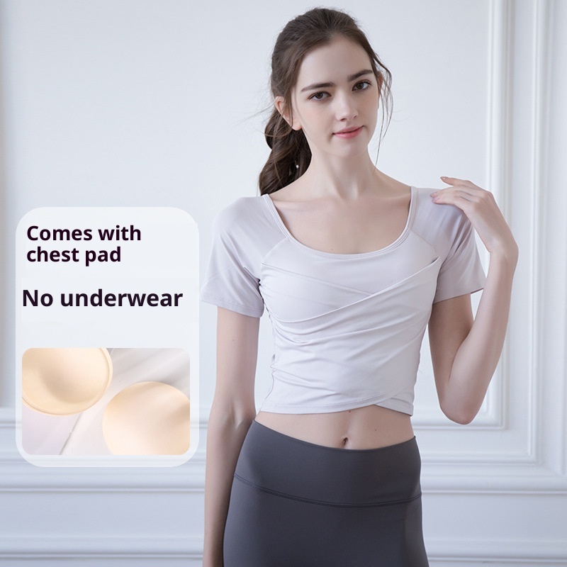 Camiseta de yoga ActiveGo de secado rápido con almohadilla pectoral para mujer, corte ajustado, ideal para deportes al aire libre y fitness, manga corta, perfecta para el verano._voghion.com